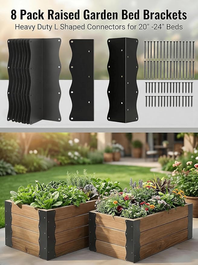 8 Pack Raised Garden Bed Corner Brackets Kit for 20-24 Raised Bed 11x3”x3“ Heavy Duty L Shaped Garden Bed Connectors with Screws Decorative Corner Braces for Planter Box Furniture &amp Wood Fen