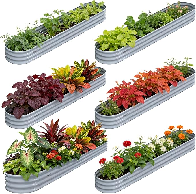 6-Pack 12×2×1ft Galvanized Raised Garden Bed Kit - Oval Large Metal Planter Box with Easy Tool-Free Assembly for Vegetable Flower Herb Outdoor Backyard Patio Kitchen Garden Family-Friendly