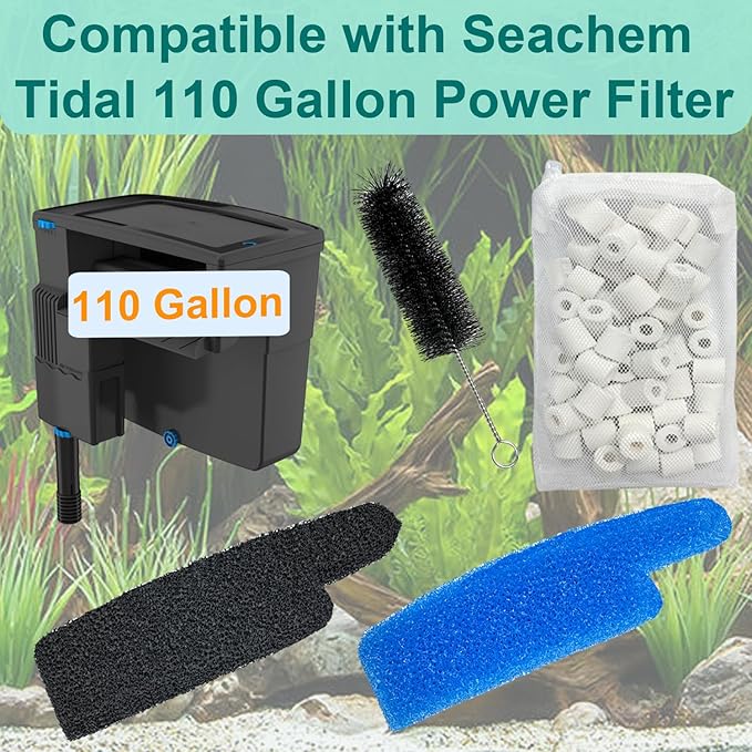 9 PCS Aquarium Media Kit Compatible with Seachem Tidal 110 Gallon (400 Liters) Fish Tank Filter Including 2 Ceramic Rings 2 Blue Foam Filters 2 Carbon Sponge Filters 1 Brush and 2 Mesh Bags