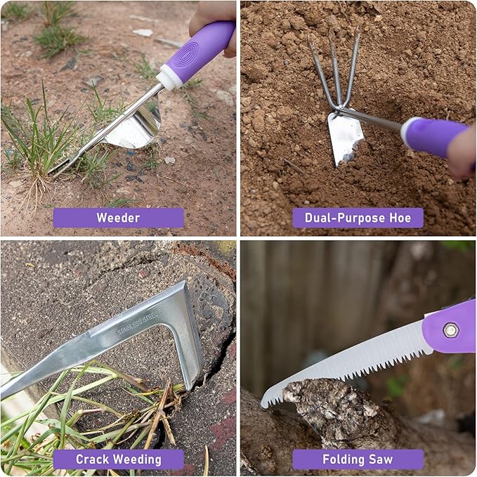 Purple Garden Tool Set Gardening Items for Women - 11PCS Heavy Duty Garden Tools with Detachable Storage Bag Weeder Dual-Purpose Hoe