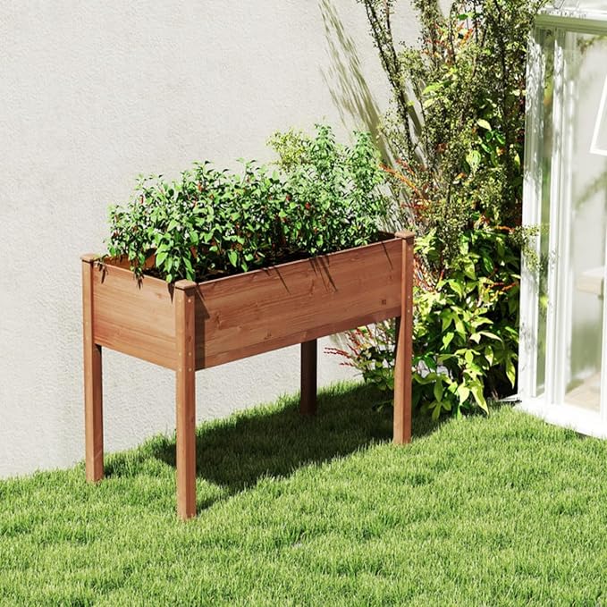 Donext 48 Inch Raised Garden Bed 30 Height Solid Wood Planter Box with Bed Liner 300lb Capacity Elevated Gardening Box(Brown)