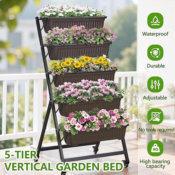 VECELO 5-Tier Vertical Garden Bed Freestanding Elevated Raised Garden Planter with 5 Garden Planter Boxes Lockable Caster Wheels Drainage System for Plants Vegetables Flowers Herbs