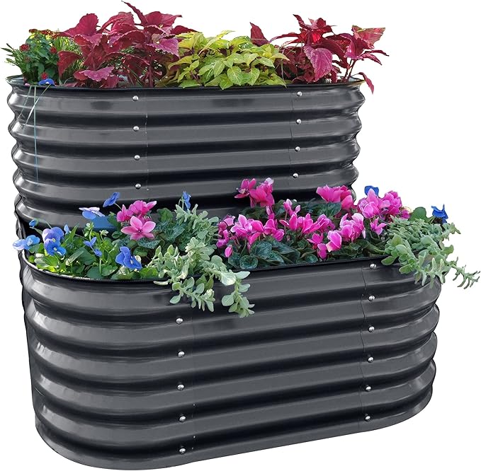 Vego garden Cascading Raised Garden Planter Box Outdoor Metal Galvanized Gardening Bed for Vegetables Herb &amp Flower Modern Gray
