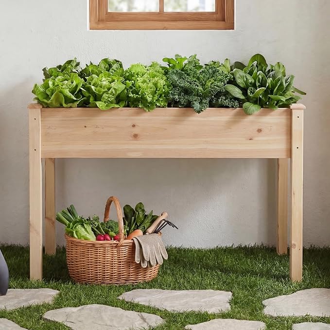 DUMOS Raised Garden Bed with Legs 34x18x30 Inch Planter Box Outdoor with Liner for Herbs Flowers Vegetables Elevated Wooden Garden Bed for Patio Balcony and Backyard Natural Wood