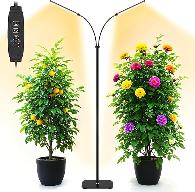 Plant Grow Light Dual Head 40W Indoor Growing Lights144LEDs Full Spectrum Wide Illumination Area 63IN Adjustable Height Stand 10 Dimmable 3/9/12H Auto Timer Floor Lamp for Plants Growth