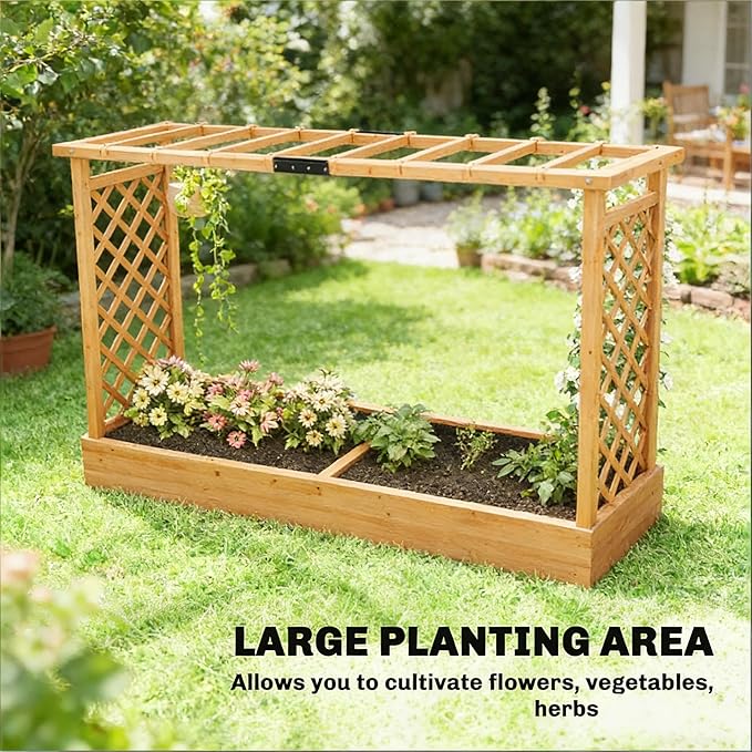 Easy Start Raised Garden Kit with Trellis - Wooden Planter Box for Beginners Grow Tomatoes &amp Climbing Veggies Without Bending or Extra Tools