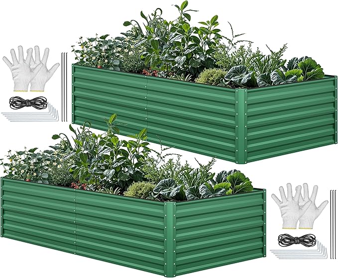 YITAHOME 8x4x2ft 2pcs Large Raised Garden Bed Kit Galvanized Metal Planter Box with Gloves Ground Nails &amp Safety Rubber Outdoor Above Ground Planters for Plants Vegetables Flowers Green