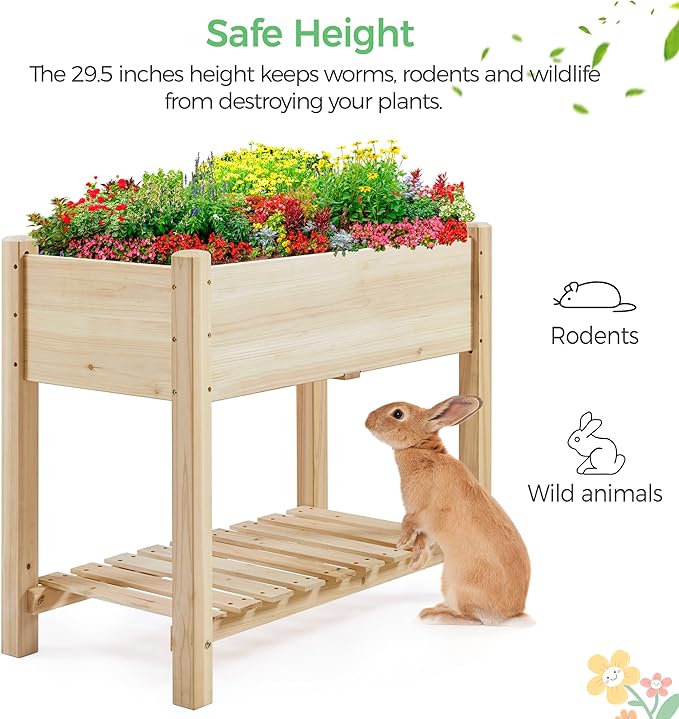 Yaheetech 34x18x30in Horticulture Raised Garden Bed 2pcs Planter Box with Legs &amp Storage Shelf Wooden Elevated Vegetable Growing Bed for Flower/Herb/Patio/Balcony Natural Wood
