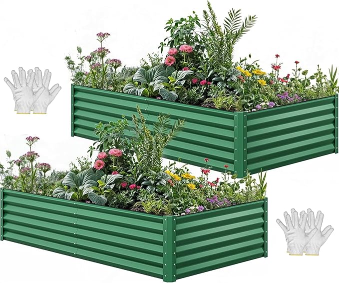 YITAHOME 2pcs 8x4x1.5 in Galvanized Raised Garden Bed Kit Large Metal Planter Box with Gloves Safety Rubber &amp Support Rod Outdoor Flower Bed for Plants Vegetables Green