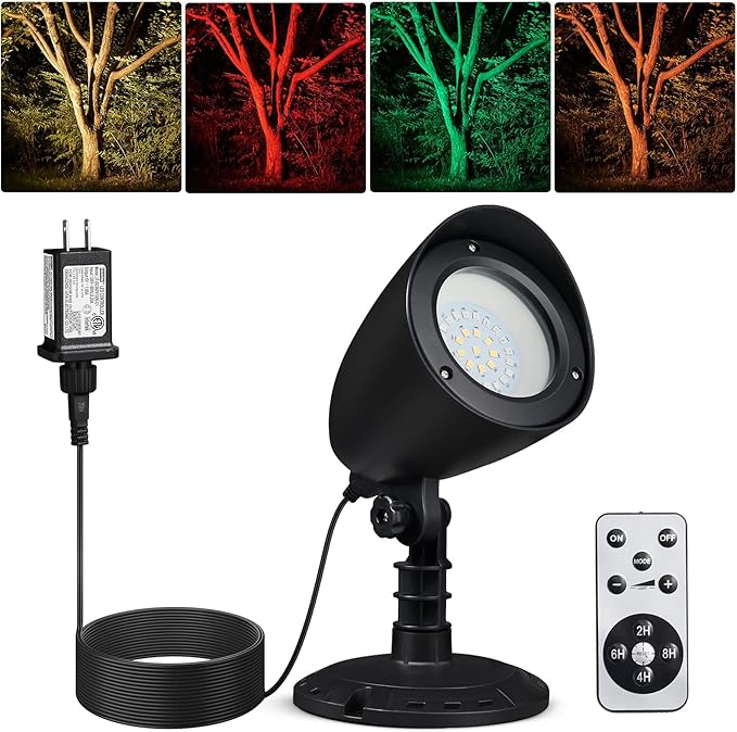 SURAIELEC LED Spotlight Remote Control Spot Lights Outdoor Indoor Plant Uplighting with Base Landscape Light for Yard Trees Holiday Decor Red Green Yellow Warm Glow Waterproof 10FT Cord