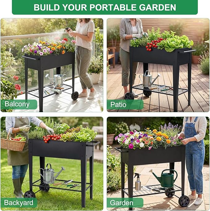 Elevated 32 Tall Raised Garden Bed with Legs and Wheels for Mobility Metal Planter Boxes Outdoor with Shelf Raised Bed for Gardening Vegetables/Herbs Backyard Patio Balcony Black