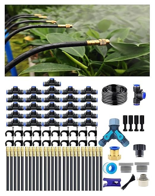 Drip Irrigation System 360 Degree Adjustable Garden Sprinkler High Output Mist Spray Nozzle for Potted Plants Easy Connect &amp Rotating Head Customizable Water Flow (100FT+26spray nozzles)
