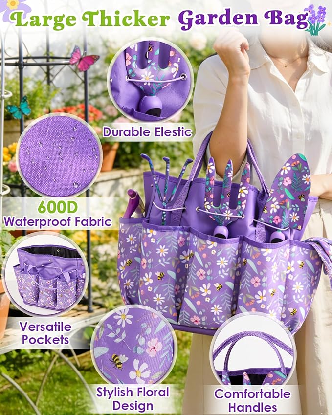 Gardening Gifts for Women 12PCS Heavy Duty Garden Tools Set with Large Purple Garden Bag and Gloves Pruning Shears Unique Birthday Easter Gardening Gifts for Mom Girlfriend Planting Lovers