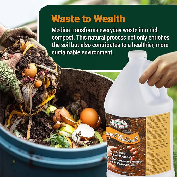 Medina Compost Nutrients - Compost Activator &amp Accelerator for Soil Improvement with Composting Cultures Balances Elements Maintains pH – Ideal for Garden Compost. 1 Quart Treats up to 250 lbs.