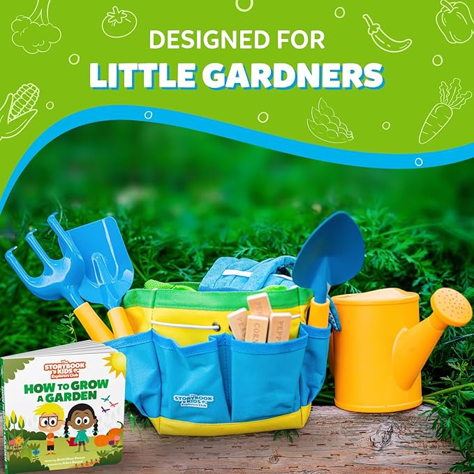 Blue Kids Gardening Tools - Includes Sturdy Tote Bag Watering Can Gloves Shovels Rake and Delightful Children's Book - Kids Garden Tool Set -Easter Gifts for Toddler Age on up.