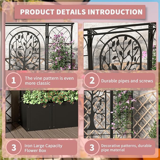 Metal Planter Box with Trellis Raised Garden Bed with Trellis Privacy Screen 62 inch Tall Planter Boxes for Climbing Plants Flowers Vegetables Fruits Balcony and Patio Decor (Black)