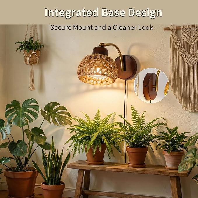 Hanging Grow Lights for Indoor Plants Auto Cycle Timer 18W Full Spectrum Wall Mounted Grow Light Boho Rattan Lantern Shade Adjustable Head 16 FT Power Cord for Indoor Plant Growing Flowers