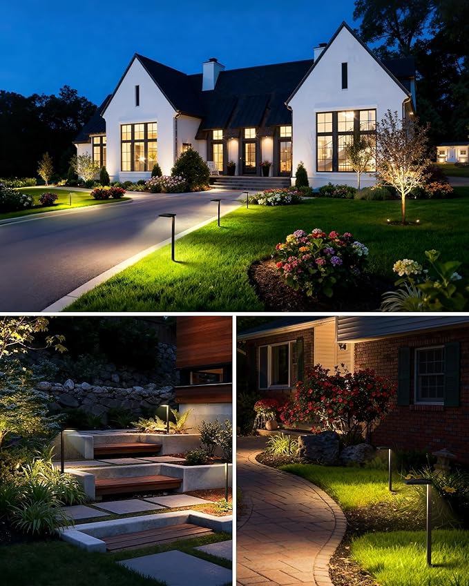 SUNVIE All-in-ONE Landscape Lighting Kit 6-Pack Anti-glare LED Pathway Lights 2-Pack Spotlights 60W Transformer 100FT 16/2 AWG Wire and Connectors Outdoor Landscape Lighting for Walkway Garden Yard