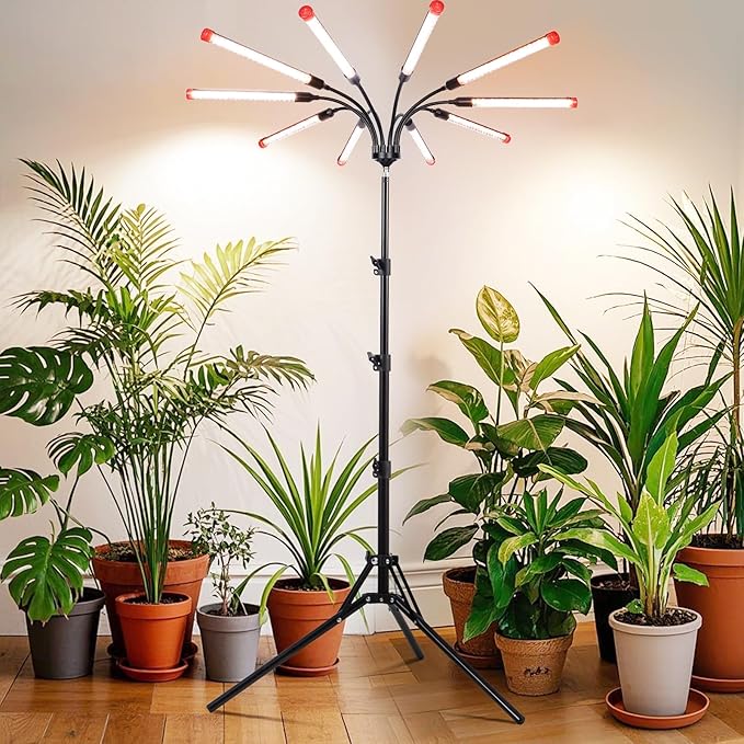 10Head Grow Light with Stand for Tall&ampLarge Indoor Plants Bonsai Tree Big Coverage and Bright Plant Growing Lamps 4/8/12/16/20H Timer 90 Watt Power Draw NO Need Adapter 360° Gooseneck