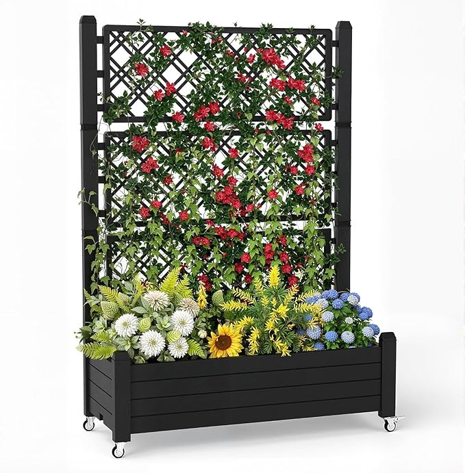 EasyUp Rolling Garden Planter Box with Trellis &amp Lockable Casters Outdoor Raised Bed with Drainage &amp Water Gauge Durable Resin for Patio Balcony Yard Dust-Proof (Black 43.43 * 18.27 * 64