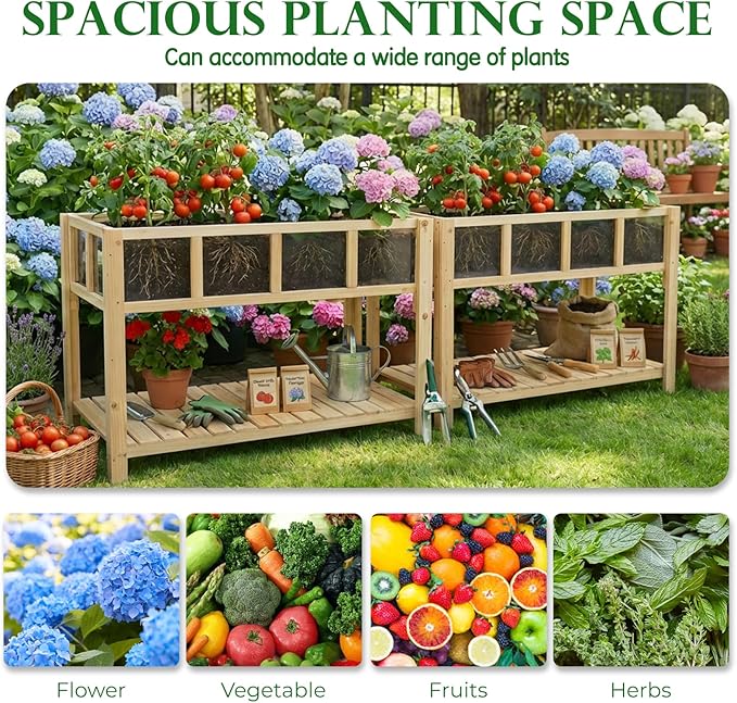 Raised Garden Bed with Legs Large-Capacity Wood Outdoor Elevated Reinforced Planter w/Bed Liner Durable Deep Raised Garden Bed for Gardening/Backyard/Patio/Balconyfor Herbs Flowers Vegetables