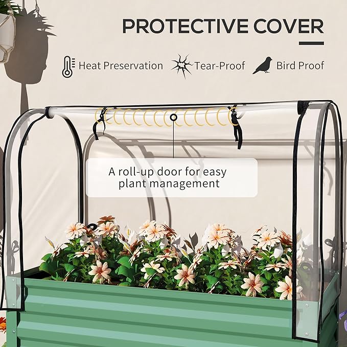 Outsunny Raised Garden Bed with Cover and Storage Shelf Rectangular Metal Elevated Planter Box with Legs and Bed Liner for Vegetables Flowers Herbs Green