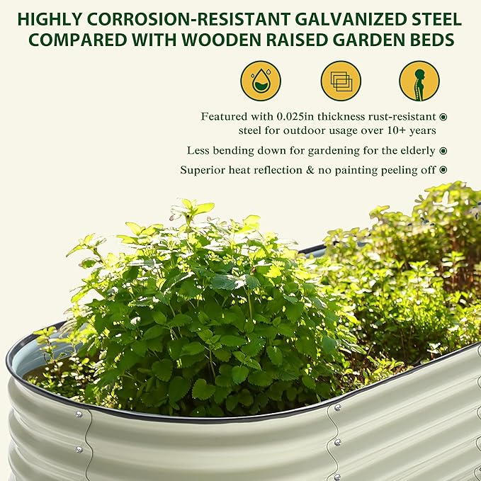MUPATER 8ftx2ftx1.4ft Raised Garden Bed Outdoor for Vegetables 9-in-1 Galvanized Metal Planter Box 17''H Modular Garden Bed Kit Oval for Herbs and Flowers Pearl White
