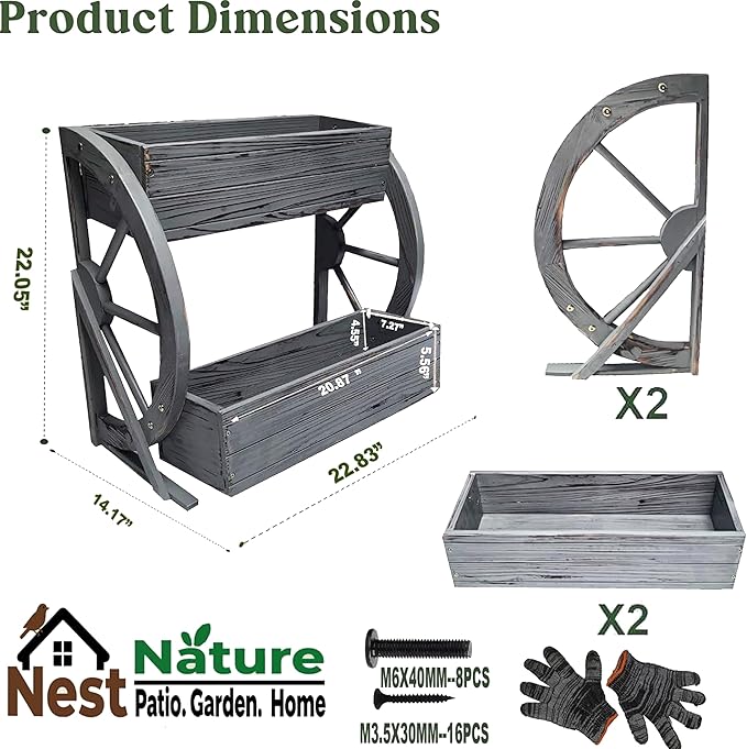 Wooden Wagon Garden Planter Box with Wheels-Indoor/Outdoor Decor for Patio Backyard Balcony-Country Farmhouse Flower Box-2 Tier Rustic Garden Raised Bed for Flowers Herbs Vegetables