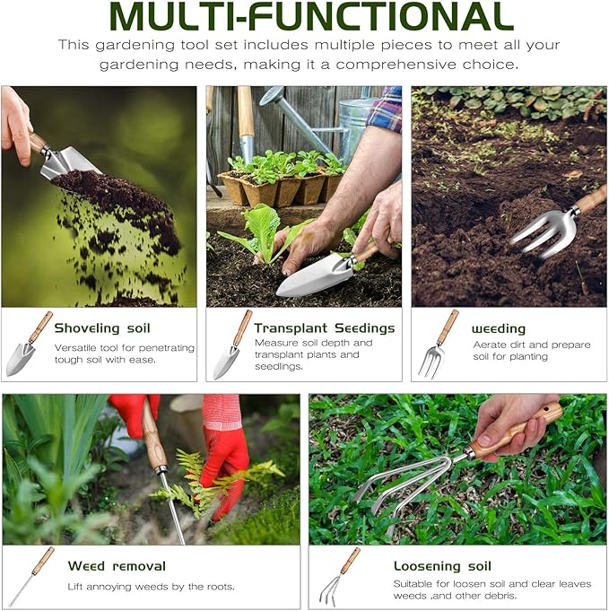 Garden Tools Set with Willow Handle Stainless Steel Gardening Kit for Women Indoor and Outdoor Use Rounded Edges Lightweight Trowel Shovel Variety for Safe Comfortable Gardening