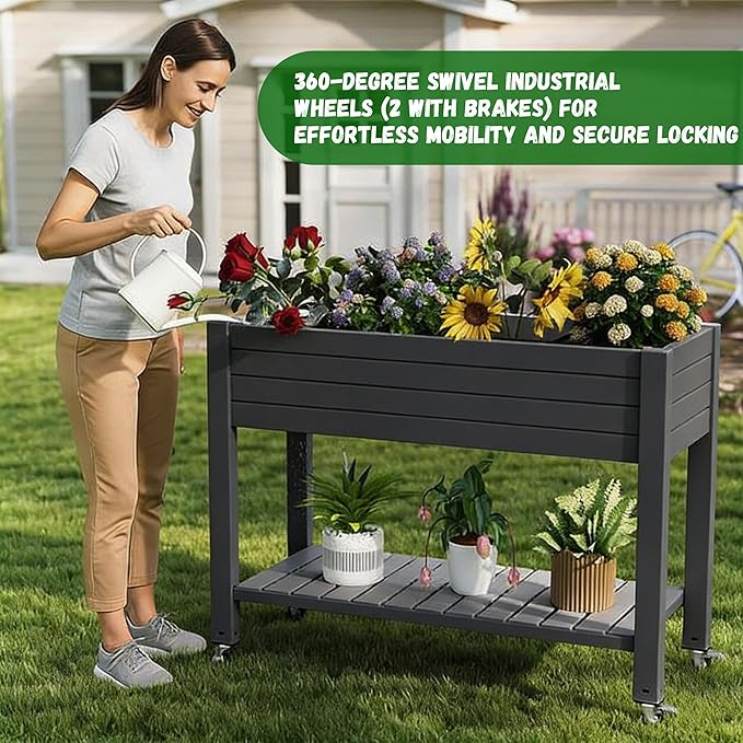 Elevated Raised Garden Bed with Legs 33.66 Tall Self-Watering Resin Outdoor Planter Box with Storage Shelf Drain Plug Water &amp Monitor for Plants Vegetables Flowers Fruits (Black)