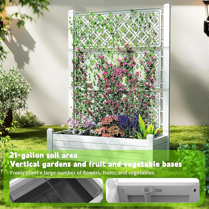 Raised Garden Bed with Trellis for Climbing Plants Outdoor Planter Box with Drainage Eco-Friendly Material for Patio Balcony Yard Dust-Resistant (Ashen43.43 * 18.27 * 59.29)