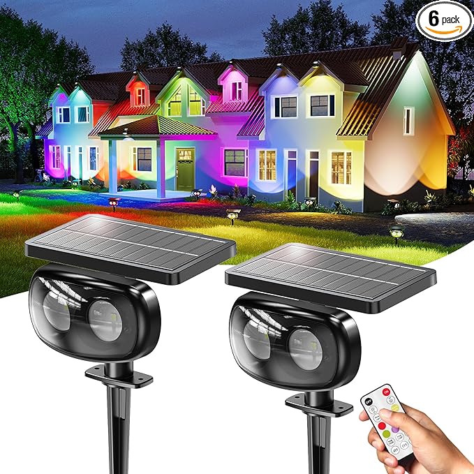 Solar Spot Lights Outdoor Waterproof IP68 1000LM Super Bright LED Landscape Lighting with 9 Colors 3 Brightness Fixable Colors for Yard Pathway Garden House Lawn (2 Pack)