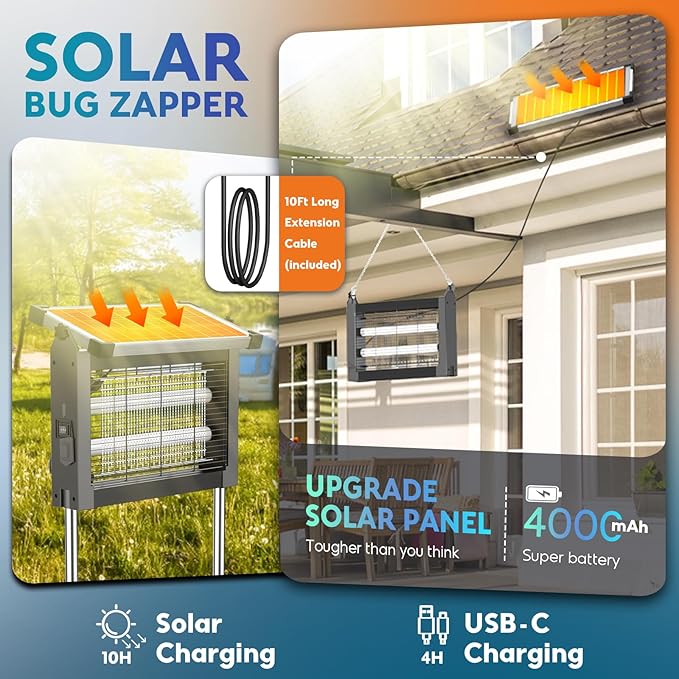 Solar Bug Zapper Outdoor PhatroyYee Mosquito Zapper 4500V Waterproof Portable Fly Zapper Rechargeable Electric Mosquito Killer Cordless Fly Insect Mosquitos Trap for Patio Yard Home Camping(Grey)