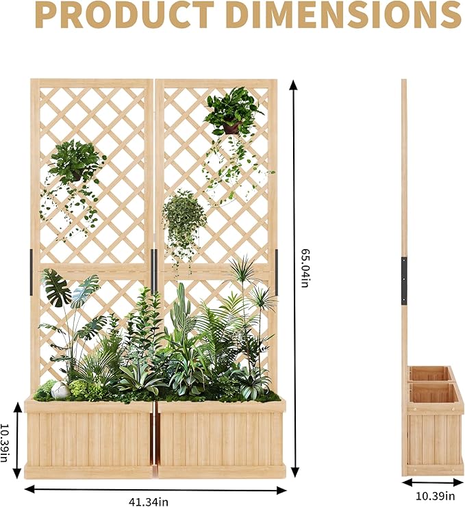 Cedar Privacy Screen w/Planter Box - 41 in x10 in x65 in 2 Hinged Freestanding Garden Fence Panel Drain Holes Natural Wood Room Divider for Patio Deck Backyard Balcony Raised Bed