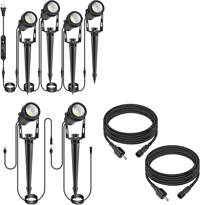 Outdoor Landscape Lights 4 Pack+2 Pack Extendable Landscape Lights+2 Pack Extension Cable 2 * 6.5ft