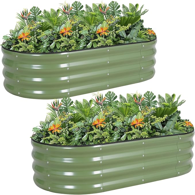 G GOOD GAIN Galvanized Metal Raised Garden Bed Kit - 4x2x1FT Outdoor Planter Box with Safety Edging and Gloves for Vegetables Fruits Flowers(OliveGreen 2PC)
