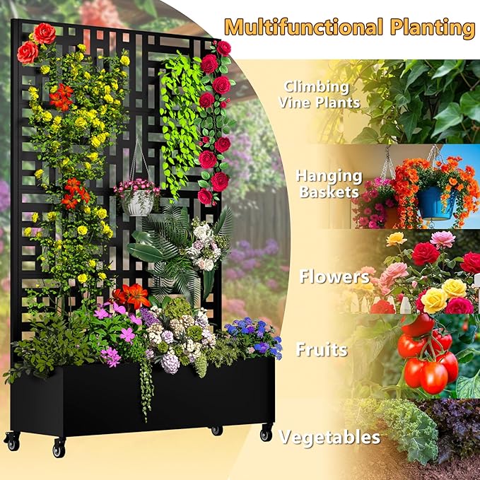 Metal Planter Box with Trellis 72.1x47.2x16 Outdoor Galvanized Raised Garden Bed with Privacy Screen &amp Drainage Holes &amp Lockable Casters for Climbing Plants Vegetable (Street-Black1)