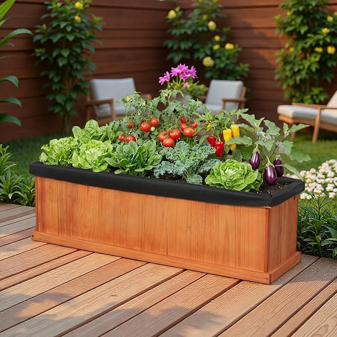 IRONMAX Wood Raised Garden Bed Outdoor Planter Box with Detachable Bottom Drainage Holes Protective Liner Rectangular Planting Bed for Yard Patio Balcony (Orange 28”x10”x10”)