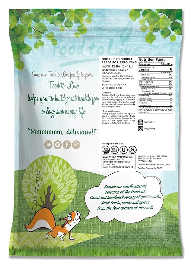 Food to Live Organic Broccoli Seeds for Sprouting 12 Pounds – Non-GMO Vegan Kosher Sirtfood Bulk. Rich in Sulforaphane Vitamin C. Grow Sprouts Microgreens for Salads and Sandwiches