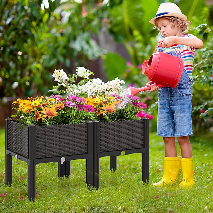 Giantex 4 Pcs Raised Garden Bed Elevated Planter Box Kit W/ 16 Legs 4 Planter Boxes Self-Watering System Drainage Holes Indoor &amp Outdoor Vegetable Fruit Flower Herb Growing Box