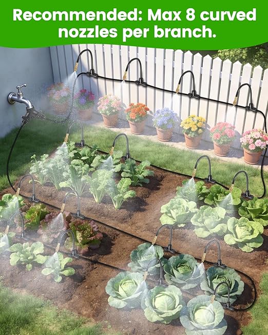 120FT Drip Irrigation System for Garden with 18 Nozzles –360° Adjustable Misting Nozzles Quick-Connect Design Ideal for Raised Beds Lawns Greenhouses &amp Outdoor Cooling