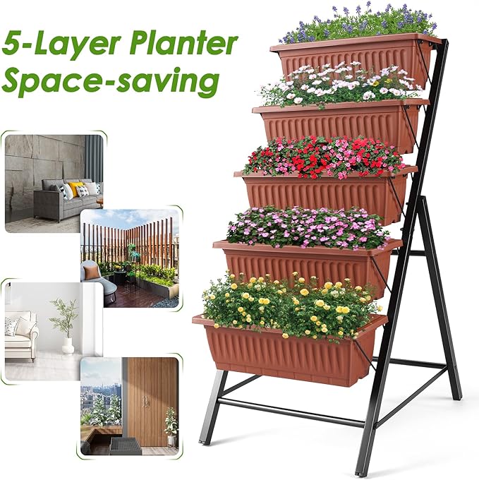 Suyncll Vertical Raised Garden Bed Planter Box5 Tiers Vertical Garden Planter with Drainage System&amp4 Hooks for Herb Vegetables Flowers Brick Red