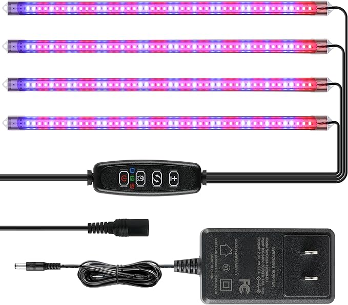 iPower 60W LED Plant Grow Light Strips Full Spectrum for Indoor Plants with Auto ON/Off 3/9/12H Timer 10 Dimmable Levels 48 LEDs Per Tude for Hydroponics Succulent 4 Tubes Red&ampBlue