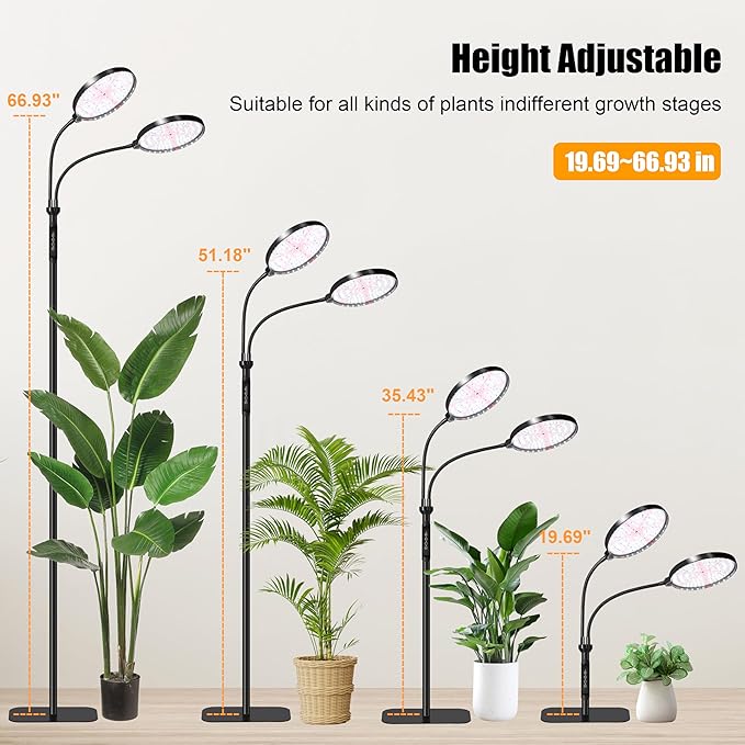 Plant Light for Indoor Plants Red &ampWhite Light Full Spectrum Grow Light with Height Adjustable and Stand for Growing Large Tall Plants Floor LED Grow Lamp with 4/8/12/18 Hour Timer &amp10 Dimmi