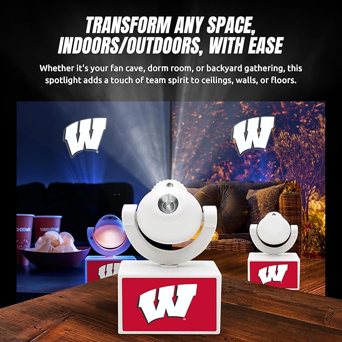 Sporticulture NCAA American Football Wisconsin - Adjustable Led Mini Spotlight Projector with 6 Team Logo Designs - Portable &amp Rechargeable Spotlight - Battery-Operated - 4.375” x 3.125”