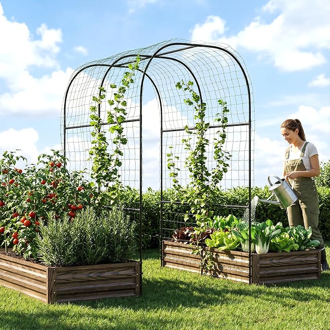 3 in 1 Galvanized Raised Garden Bed with 87 H Arch Trellis for Climbing Plants Outdoor Gardening Planter Box with Climbing Net for Flower Vegetables Fruits Herbs Wood Grain