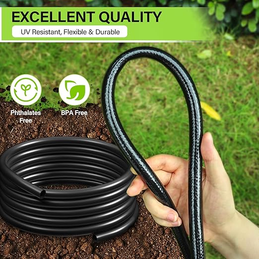 Bonviee 50FT 5/16” Drip Irrigation Mainline Tubing with 4-Way Push-to-Connect Couplers (4 Pack) – Compact DIY Garden Irrigation Distribution System for Misting Raised Beds &amp Small Spaces