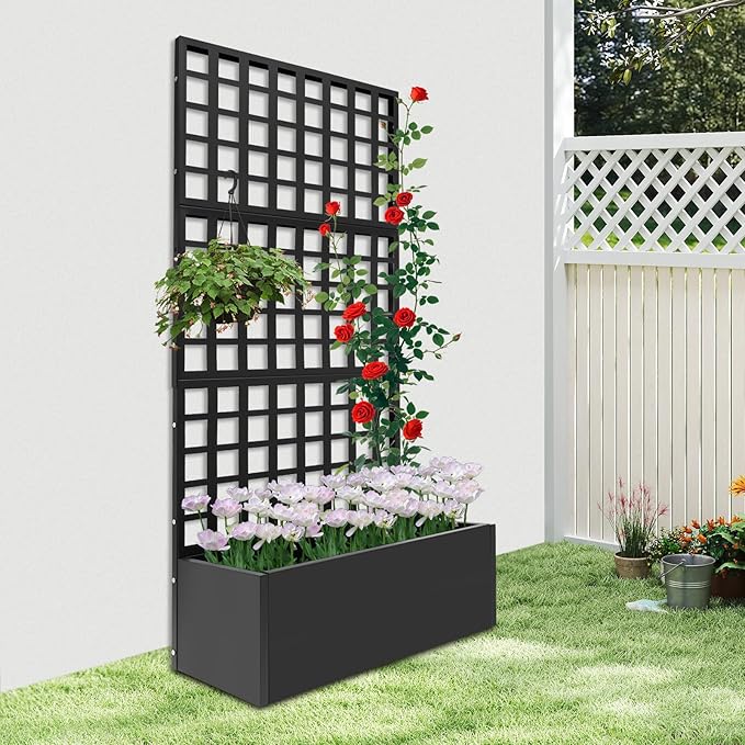 Metal Planter Box with Trellis Heavy Duty Planter with Lattice Panels Privacy Raised Garden Bed Trellis Planters Boxes for Climbing Plants Vegetables Vines 35 W X 16 D X 71 H (Black)