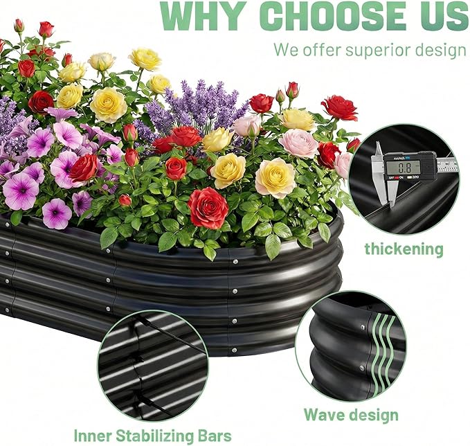 AHEONLAR 3 Pack 6×3×1ft Galvanized Raised Garden Beds Oval Durable Planter Boxes Outdoor for Vegetables Fruits Flowers and Plants Quick Assembly Black
