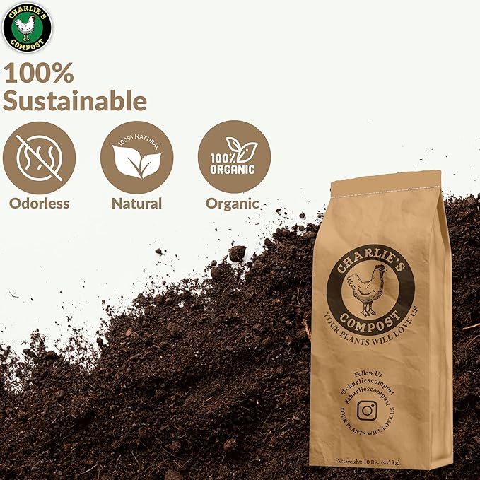 Charlie's Compost - Odor Free Organic Fertilizer for Home Gardens Raised Beds Containers Seed Starting Mix Natural Soil Amendment with Biochar 10lb